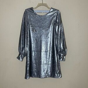 New David Lerner Sequin Open Back Long Sleeve Silver Mini Dress Size XS BNWT
